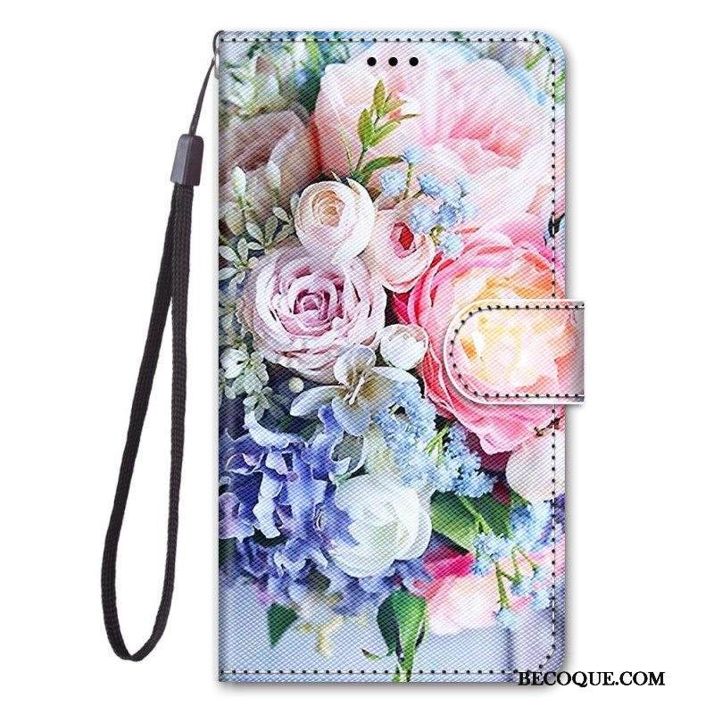 Flip Case Samsung Galaxy M53 5G Kukkia Kaulanauhalla