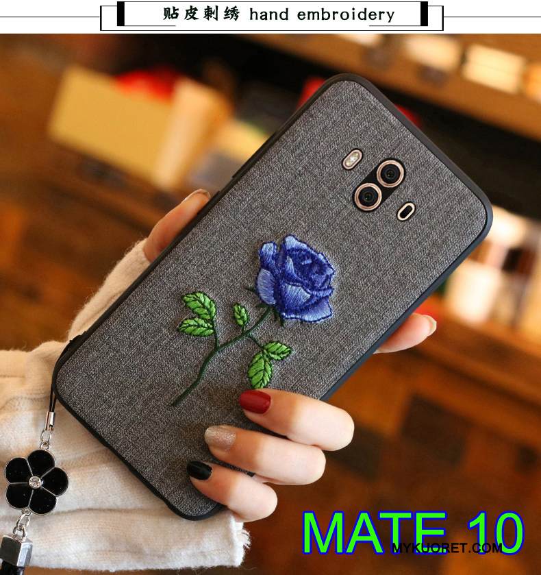 Kuori Huawei Mate 10 Nahka Kirjonta Puhelimen Kuoret, Kotelo Huawei Mate 10 Silikoni Tummansininen Takakansi