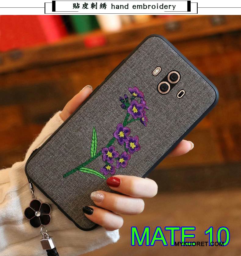 Kuori Huawei Mate 10 Nahka Kirjonta Puhelimen Kuoret, Kotelo Huawei Mate 10 Silikoni Tummansininen Takakansi