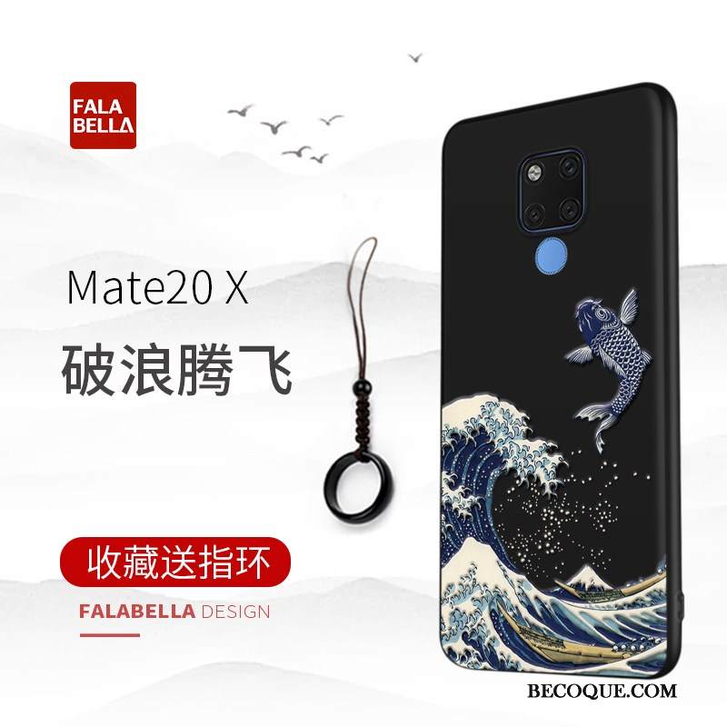 Kuori Huawei Mate 20 X Kohokuviointi Musta Ohut, Kotelo Huawei Mate 20 X Suojaus Ultra Ylellisyys