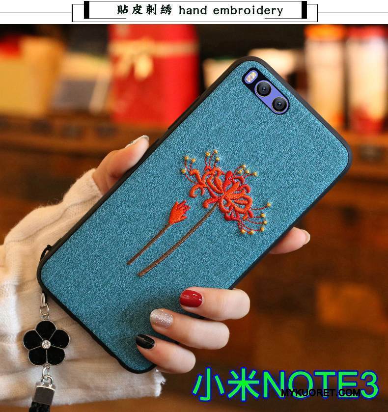 Kuori Mi Note 3 Laukut Kirjonta Tummansininen, Kotelo Mi Note 3 Pehmeä Neste Punainen Puhelimen Kuoret