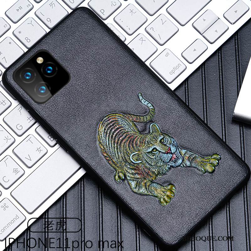 Kuori iPhone 11 Pro Max Kohokuviointi Musta Eläin, Kotelo iPhone 11 Pro Max Nahka Liiketoiminta Ylellisyys