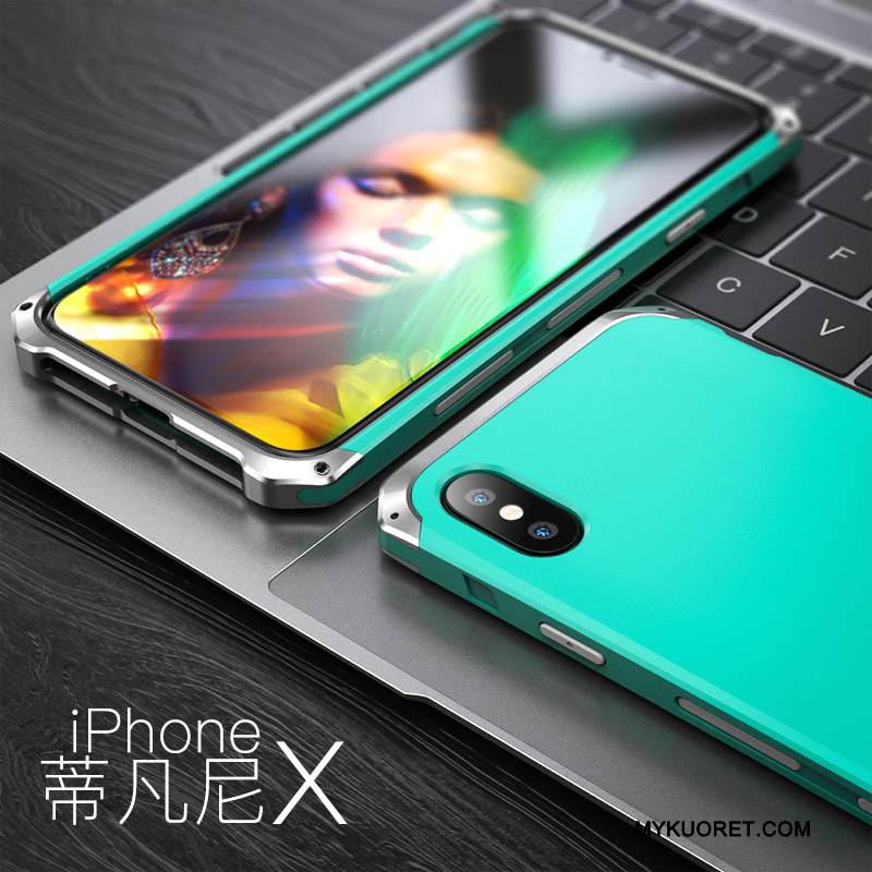 Kuori iPhone X Metalli Murtumaton Puhelimen Kuoret, Kotelo iPhone X Laukut Pesty Suede Sininen