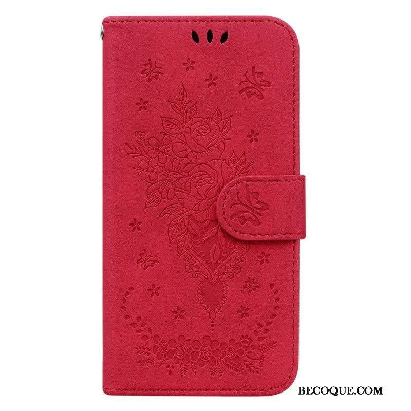 Nahkakotelo Xiaomi Redmi Note 12 4G Suojaketju Kuori Strappy Ruusut Ja Perhoset