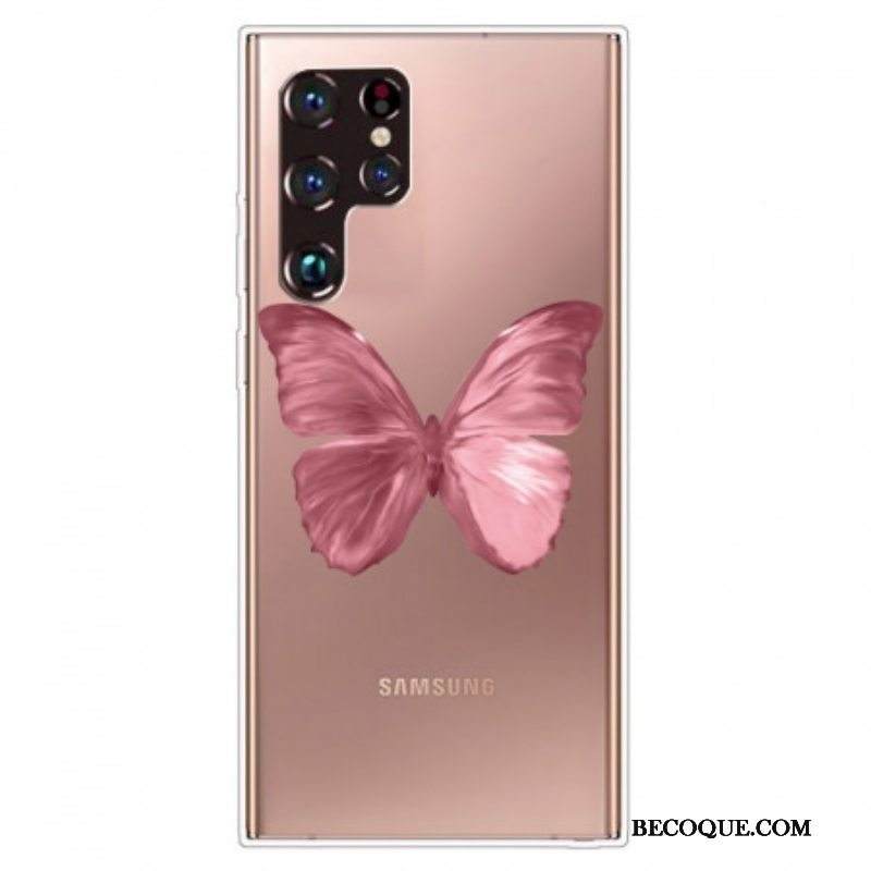 Case Samsung Galaxy S22 Ultra 5G Pinkki Butterfly-letku