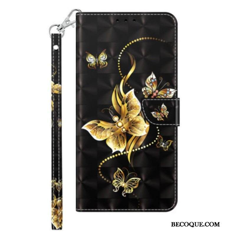 Flip Case Sony Xperia 1 IV Suojaketju Kuori Kultaiset Perhoset Hihnalla