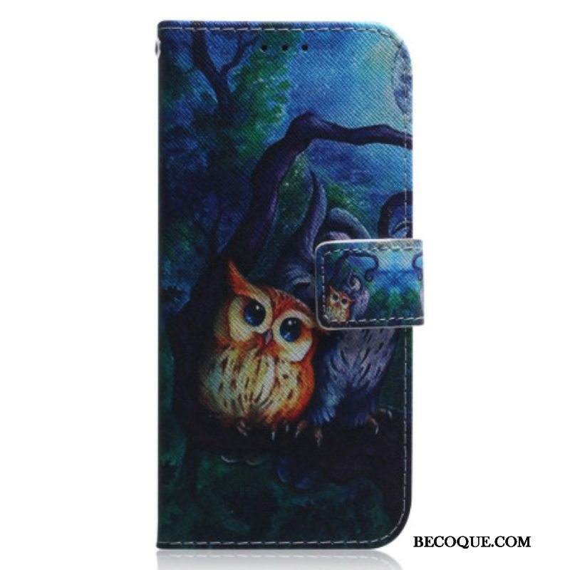 Flip Case Xiaomi Redmi Note 12 5G Suojaketju Kuori Strappy Owls -maalaus