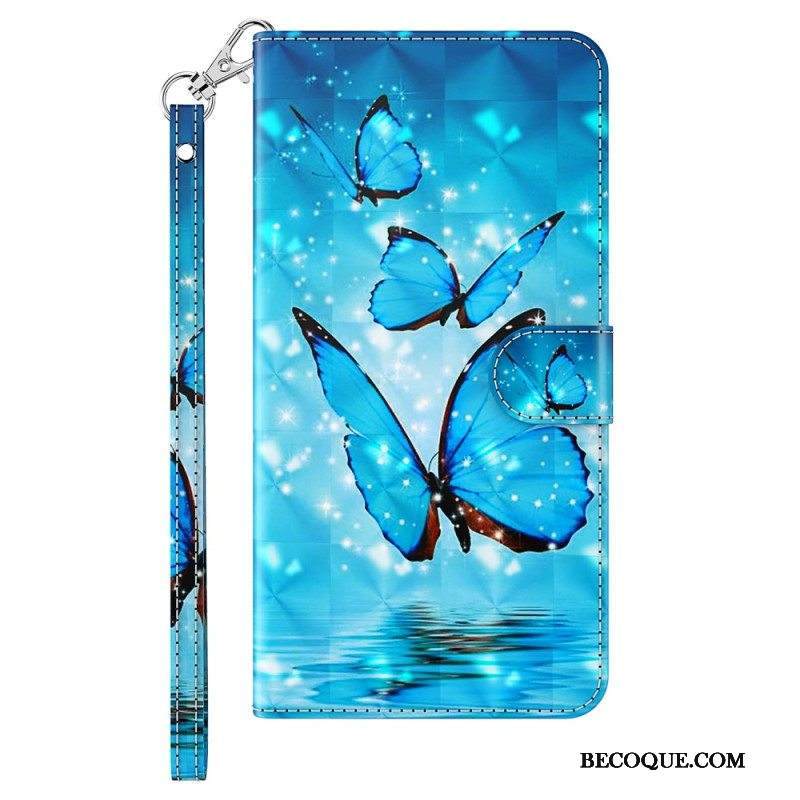 Flip Case iPhone 15 Pro Max Suojaketju Kuori 3d-perhoset Kaulanauhalla