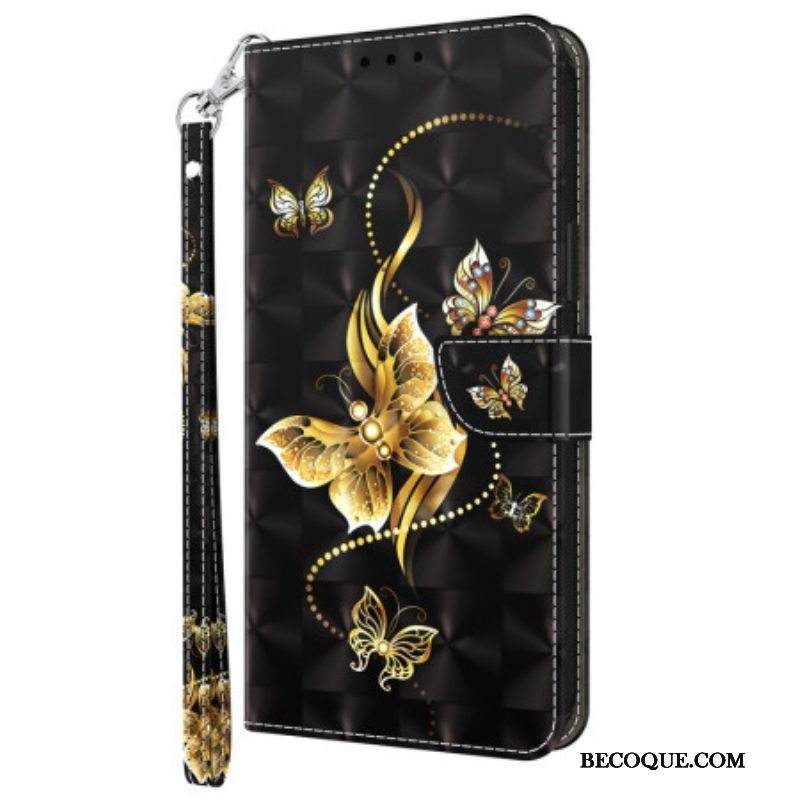 Kotelot iPhone 15 Pro Suojaketju Kuori Kultaiset Perhoset Hihnalla