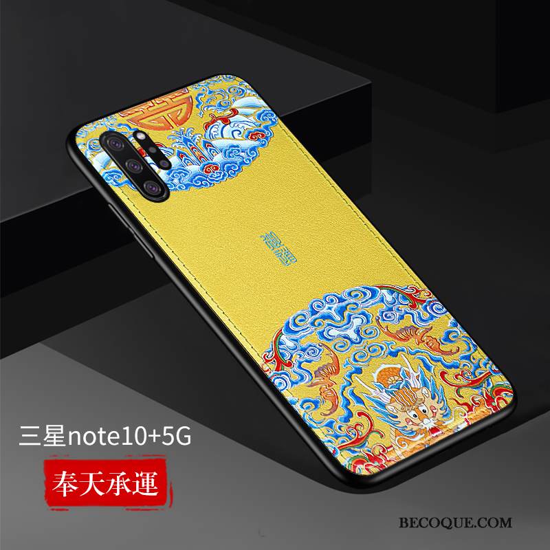 Kuori Samsung Galaxy Note 10+ Nahka Kiinalainen Tyyli Ultra, Kotelo Samsung Galaxy Note 10+ Kohokuviointi Keltainen Trendi