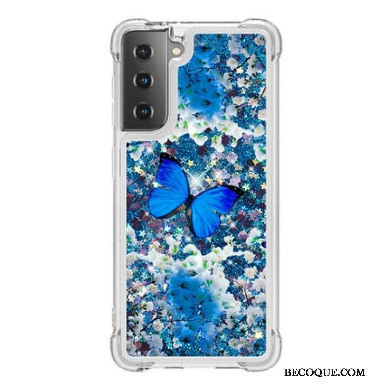 Kuori Samsung Galaxy S21 5G Glitter Blue Perhoset