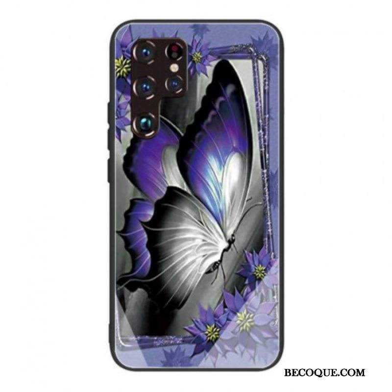 Kuori Samsung Galaxy S22 Ultra 5G Purple Butterfly Karkaistu Lasi
