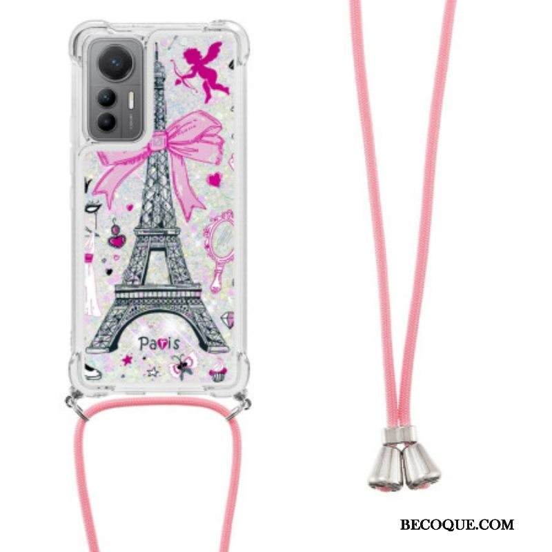 Kuori Xiaomi 12 Lite Kiristysnyörillä Eiffel-tornin Kimaltava Kiristysnyöri