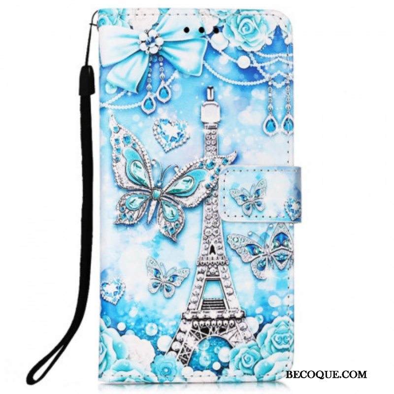 Nahkakotelo Samsung Galaxy A53 5G Suojaketju Kuori Eiffel-tornin Perhoshihna