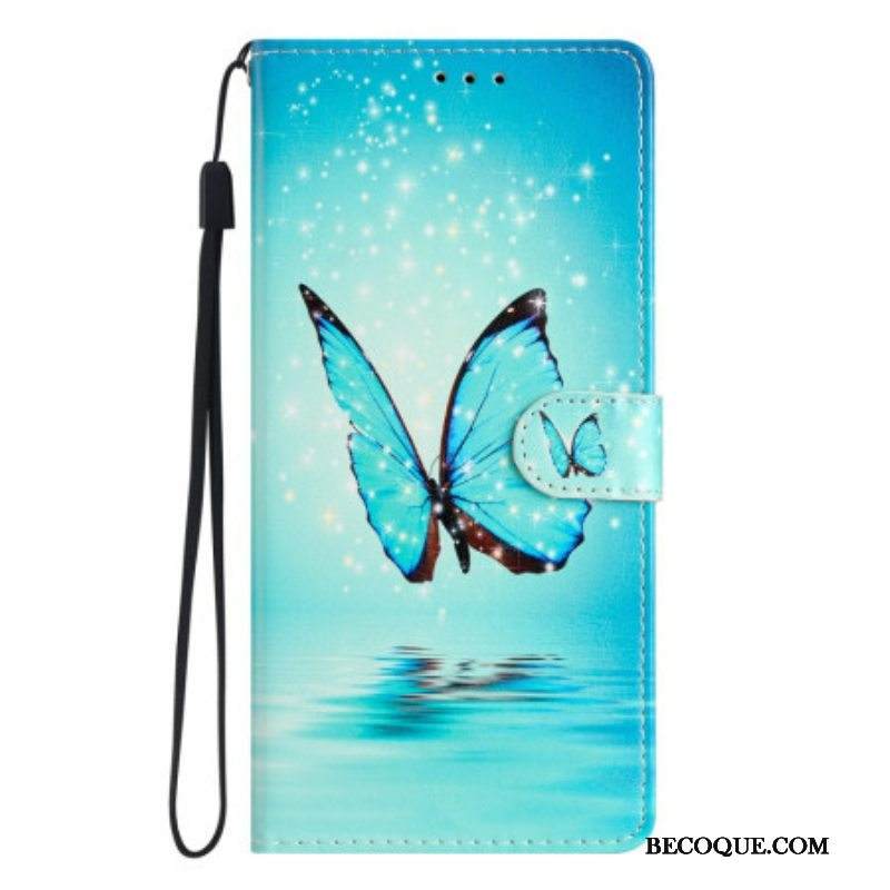Nahkakotelo Samsung Galaxy A53 5G Suojaketju Kuori Siniset Perhoset Hihnalla
