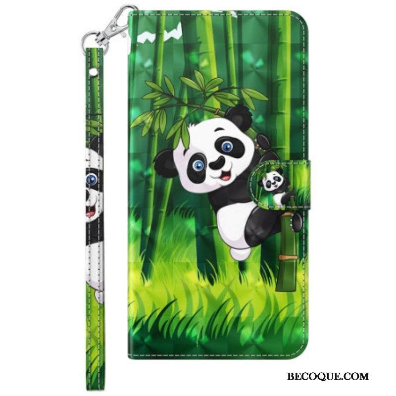 Nahkakotelo Samsung Galaxy M13 Panda Ja Bambu Kaulanauhalla
