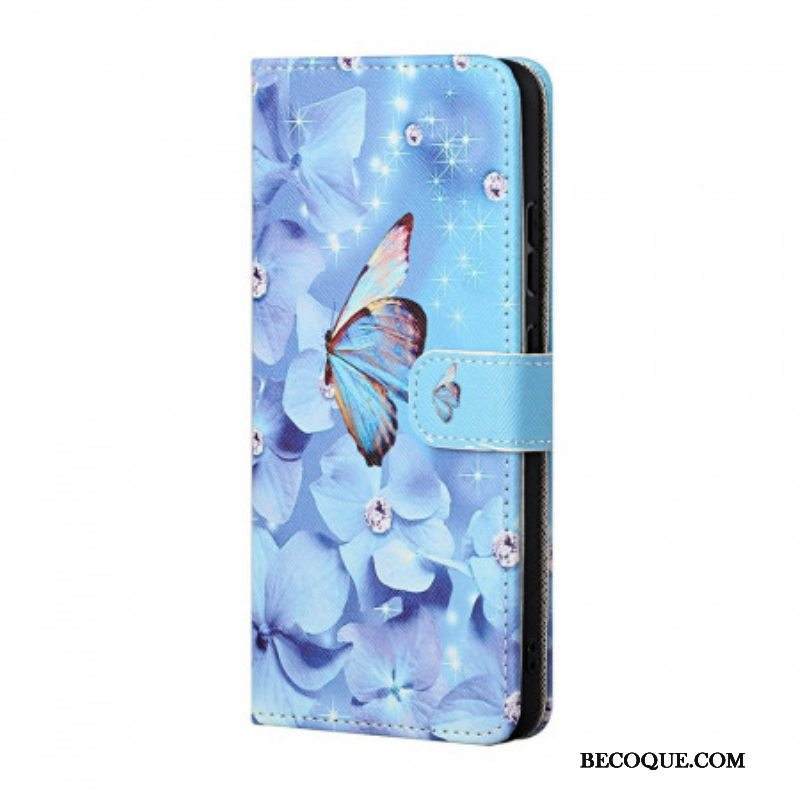 Nahkakotelo Samsung Galaxy M23 5G Suojaketju Kuori Strappy Diamond Perhoset
