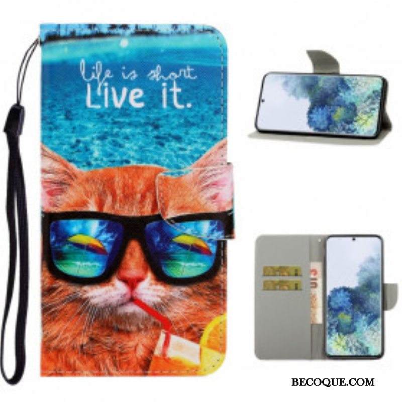 Nahkakotelo Samsung Galaxy S21 Ultra 5G Suojaketju Kuori Cat Live It Strappy