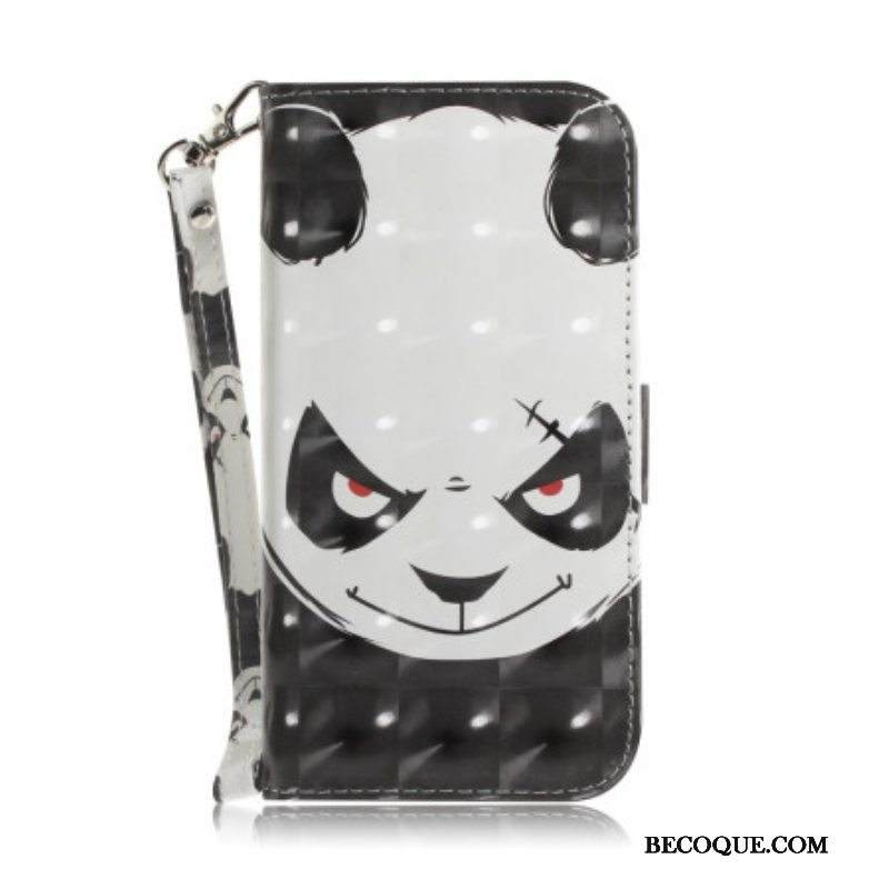Nahkakotelo iPhone 14 Plus Suojaketju Kuori Vihainen Panda Kaulanauhan Kanssa