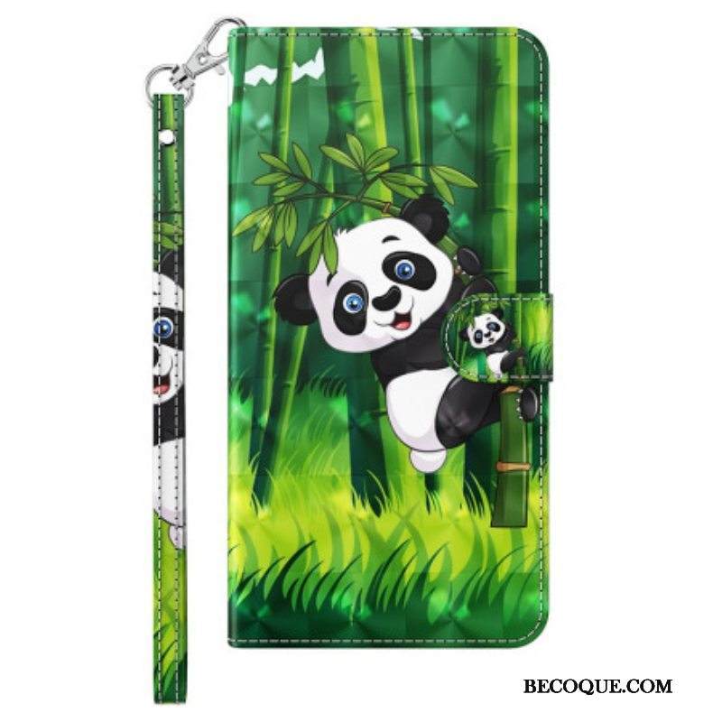 Nahkakotelo iPhone 15 Pro Suojaketju Kuori 3d Bamboo Panda Hihnalla