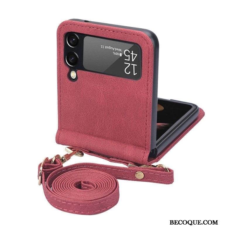Case Samsung Galaxy Z Flip 4 Kotelot Flip Nahkavaikutteinen Tikkaus Ja Olkahihna