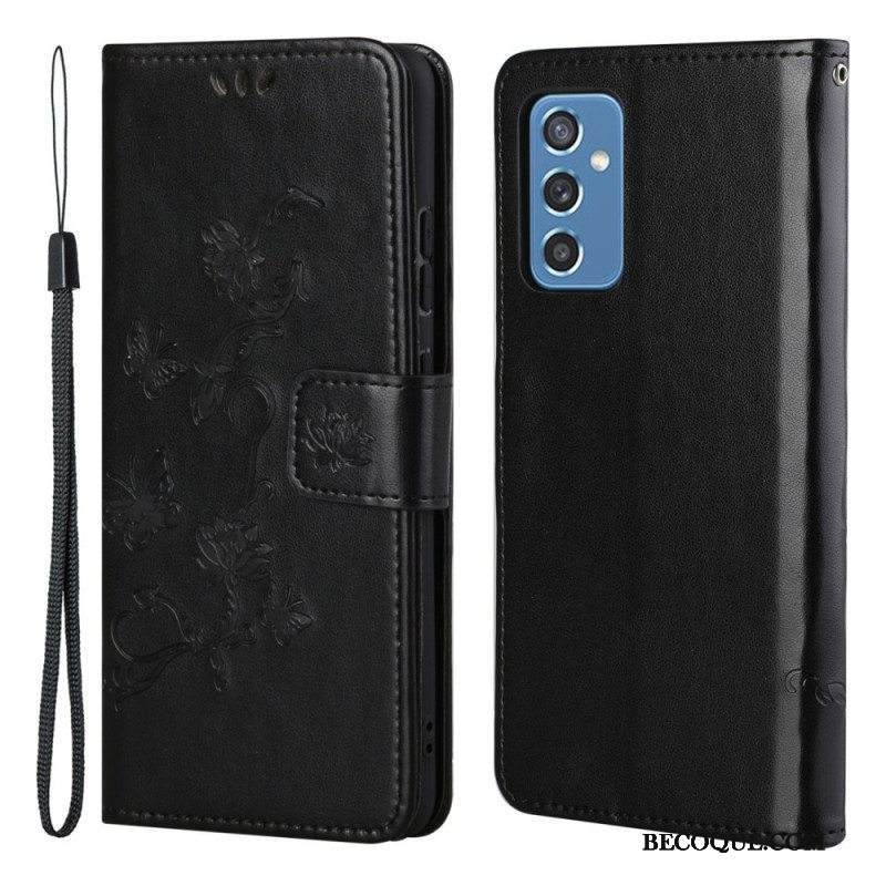 Flip Case Samsung Galaxy M52 5G Suojaketju Kuori Perhoset Ja Kukat -hihna