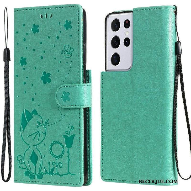 Flip Case Samsung Galaxy S21 Ultra 5G Suojaketju Kuori Kissa Ja Mehiläinen Kaulanauhalla