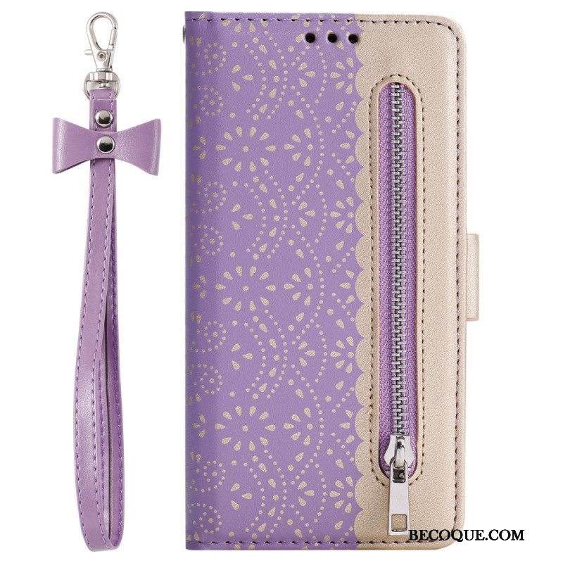 Flip Case Samsung Galaxy S22 Ultra 5G Suojaketju Kuori Pitsihihna Kolikkokukkaro