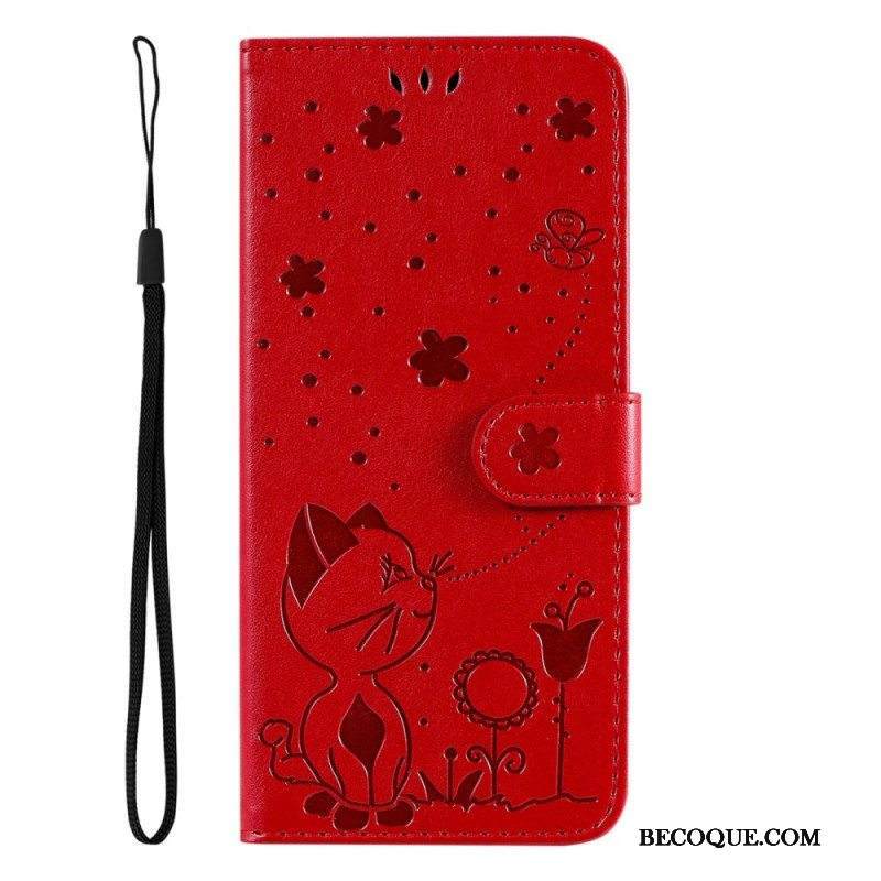 Flip Case Samsung Galaxy S23 5G Suojaketju Kuori Strappy Kissa Ja Mehiläiset