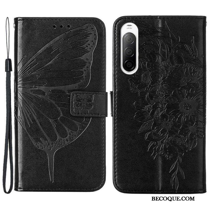 Flip Case Sony Xperia 10 IV Perhonen Kaulanauhalla