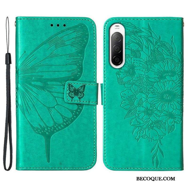 Flip Case Sony Xperia 10 IV Perhonen Kaulanauhalla