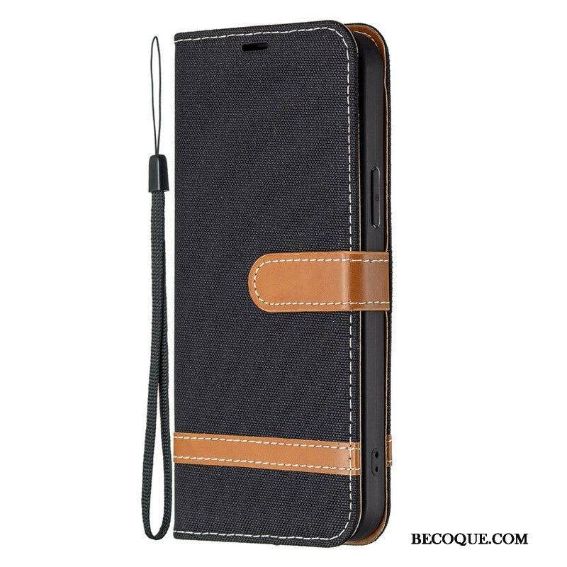 Flip Case iPhone 13 Pro Suojaketju Kuori Kangas- Ja Nahkaefektihihna