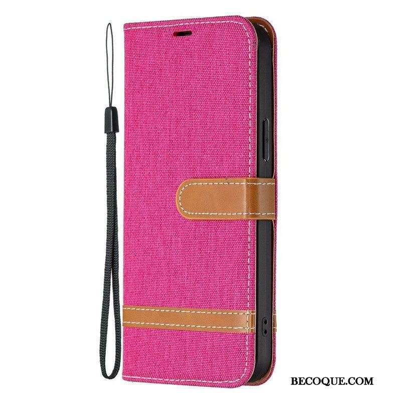 Flip Case iPhone 13 Pro Suojaketju Kuori Kangas- Ja Nahkaefektihihna