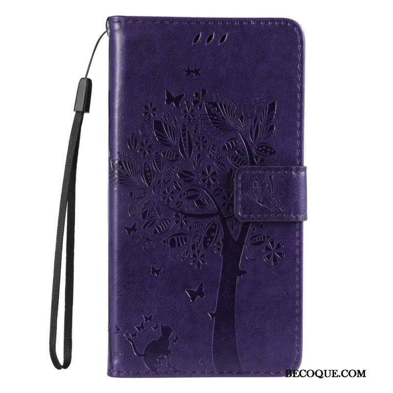 Kotelot Moto G73 5G Suojaketju Kuori Tree Ja Strappy Cat