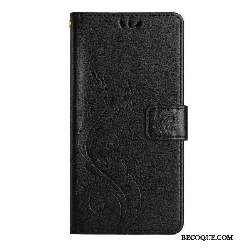 Kotelot Samsung Galaxy A54 5G Suojaketju Kuori Kukkia Ja Perhosia Hihnalla