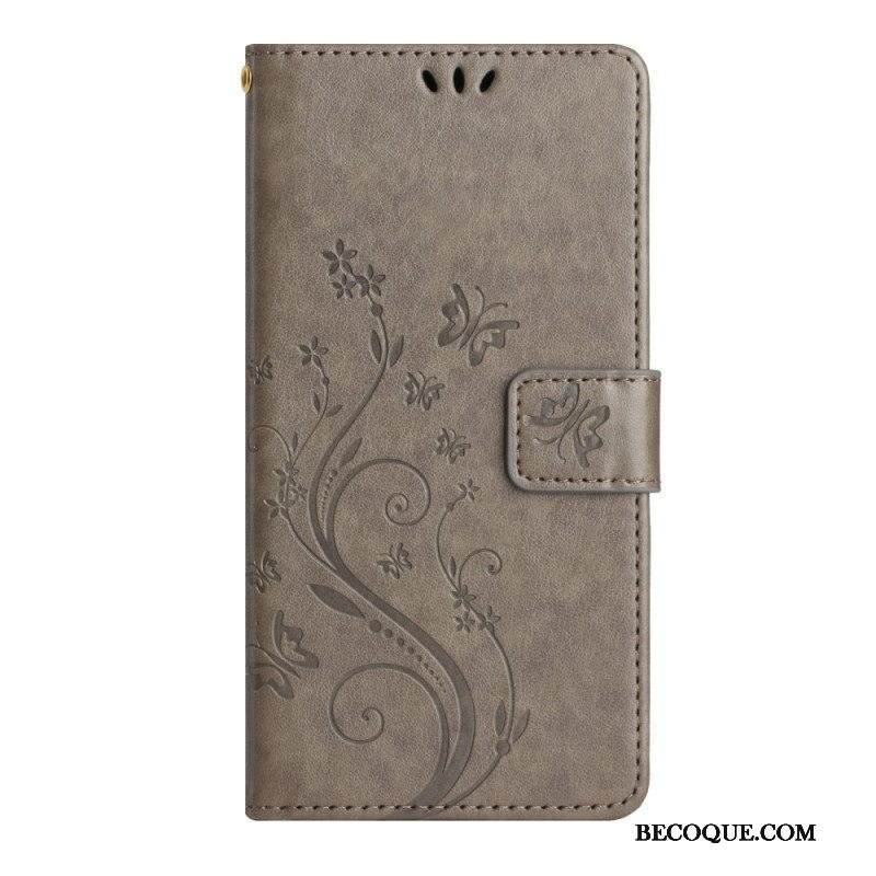 Kotelot Samsung Galaxy A54 5G Suojaketju Kuori Kukkia Ja Perhosia Hihnalla