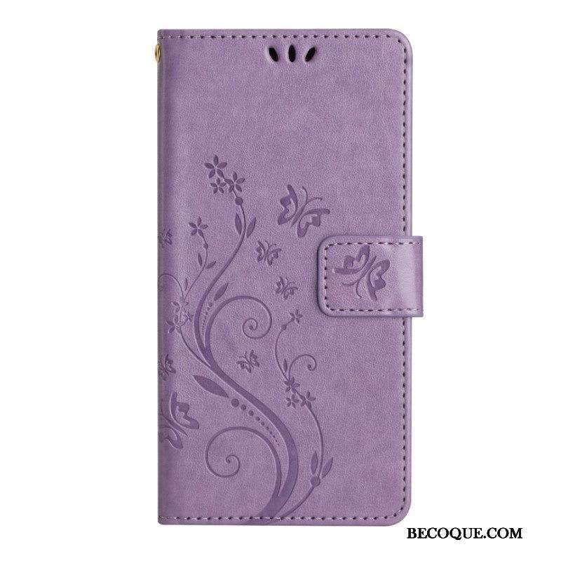 Kotelot Samsung Galaxy A54 5G Suojaketju Kuori Kukkia Ja Perhosia Hihnalla