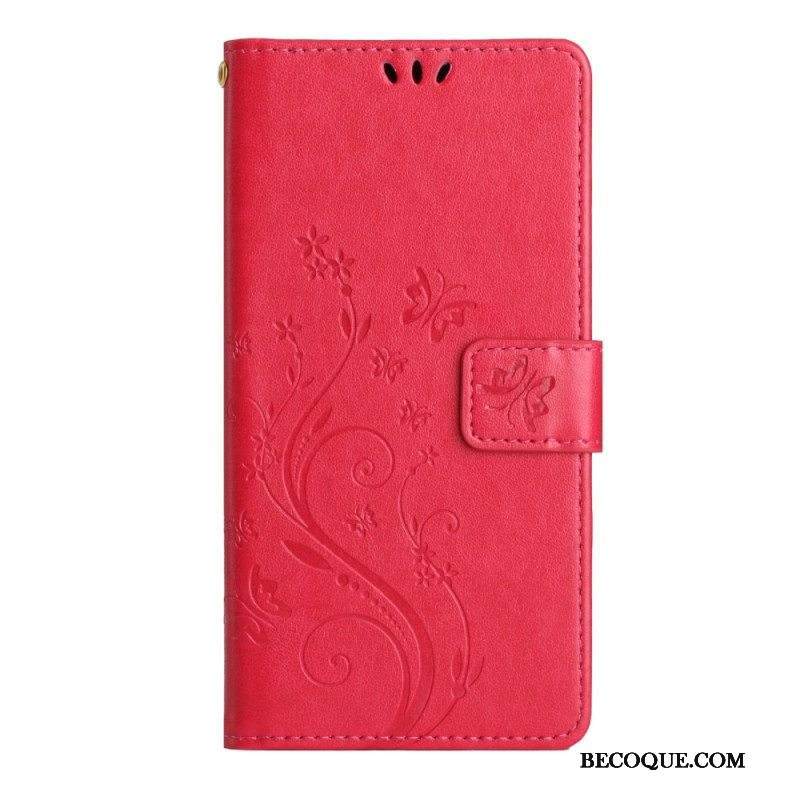 Kotelot Samsung Galaxy A54 5G Suojaketju Kuori Kukkia Ja Perhosia Hihnalla