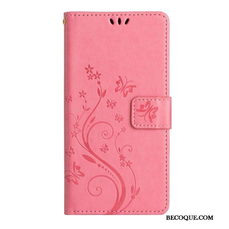 Kotelot Samsung Galaxy A54 5G Suojaketju Kuori Kukkia Ja Perhosia Hihnalla