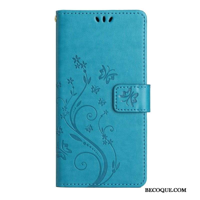 Kotelot Samsung Galaxy A54 5G Suojaketju Kuori Kukkia Ja Perhosia Hihnalla