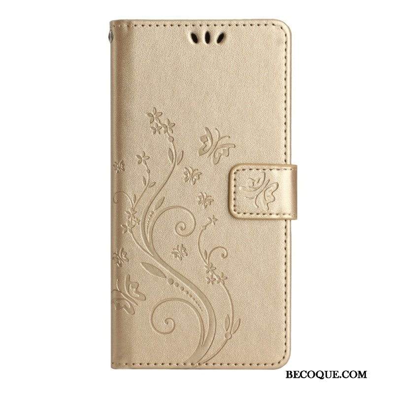 Kotelot Samsung Galaxy A54 5G Suojaketju Kuori Kukkia Ja Perhosia Hihnalla