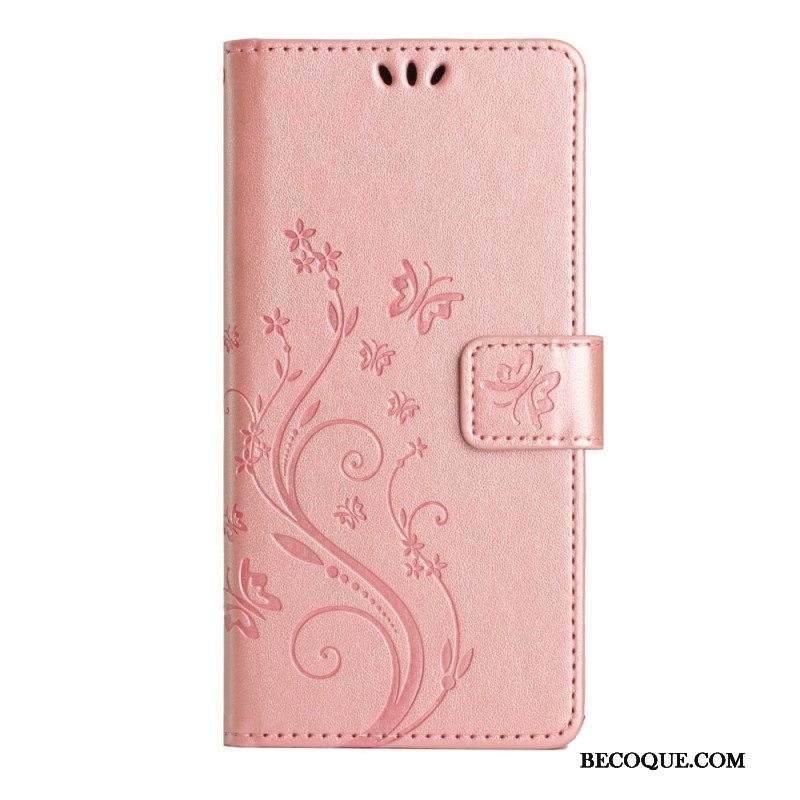 Kotelot Samsung Galaxy A54 5G Suojaketju Kuori Kukkia Ja Perhosia Hihnalla