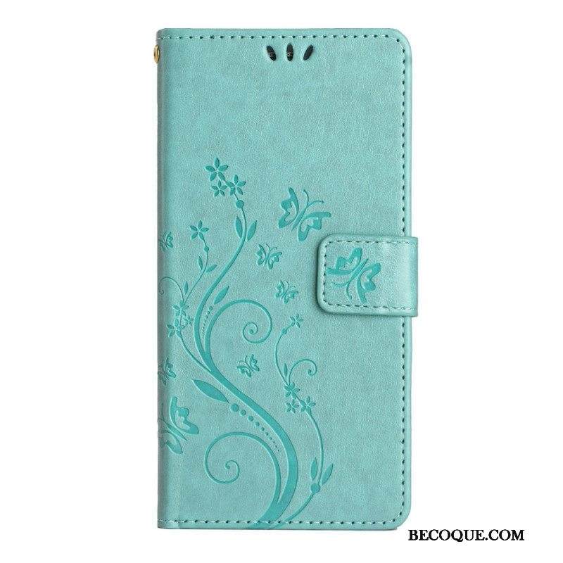 Kotelot Samsung Galaxy A54 5G Suojaketju Kuori Kukkia Ja Perhosia Hihnalla