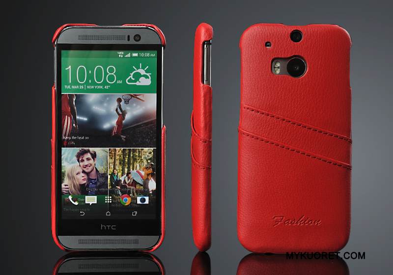 Kuori Htc One M8 Nahka Kortti Trendi, Kotelo Htc One M8 Suojaus Punainen Takakansi