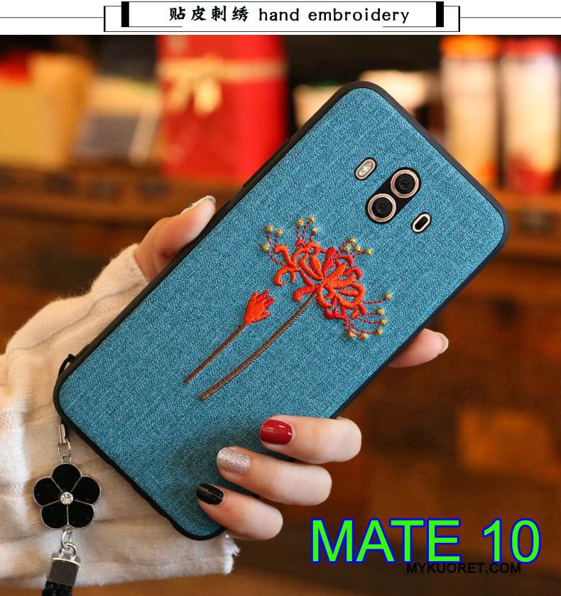 Kuori Huawei Mate 10 Nahka Kirjonta Puhelimen Kuoret, Kotelo Huawei Mate 10 Silikoni Tummansininen Takakansi