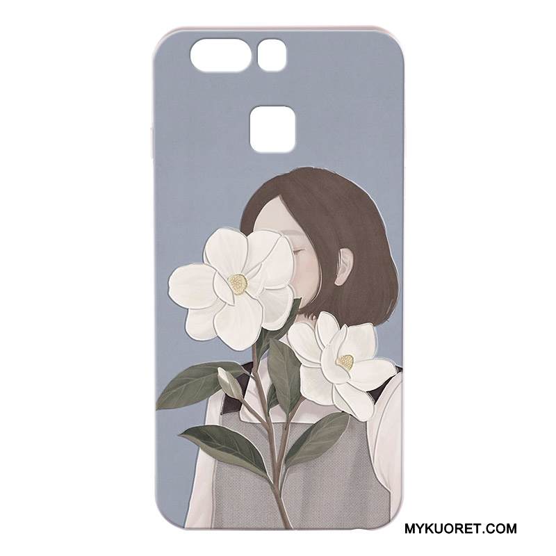 Kuori Huawei P9 Kohokuviointi Murtumaton Puhelimen Kuoret, Kotelo Huawei P9 Pehmeä Neste Kova Valkoinen