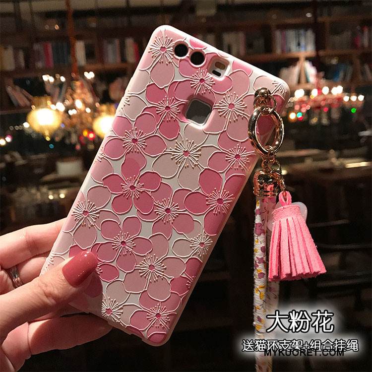 Kuori Huawei P9 Kohokuviointi Pesty Suede Puhelimen Kuoret, Kotelo Huawei P9 Pehmeä Neste Kissa Kukka