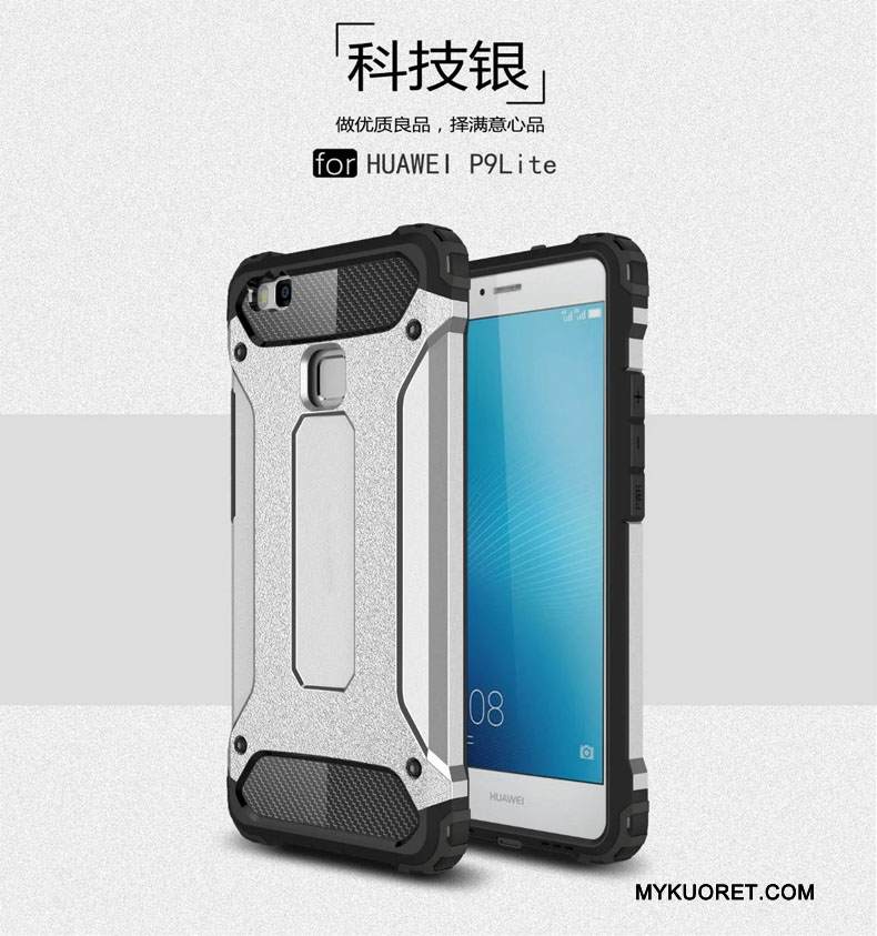 Kuori Huawei P9 Lite Metalli Hopea Puhelimen Kuoret, Kotelo Huawei P9 Lite Silikoni Kolme Puolustusta Murtumaton