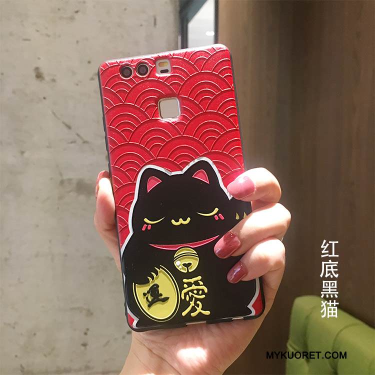 Kuori Huawei P9 Suojaus Musta Rikkaus, Kotelo Huawei P9 Kohokuviointi Kissa Kulta