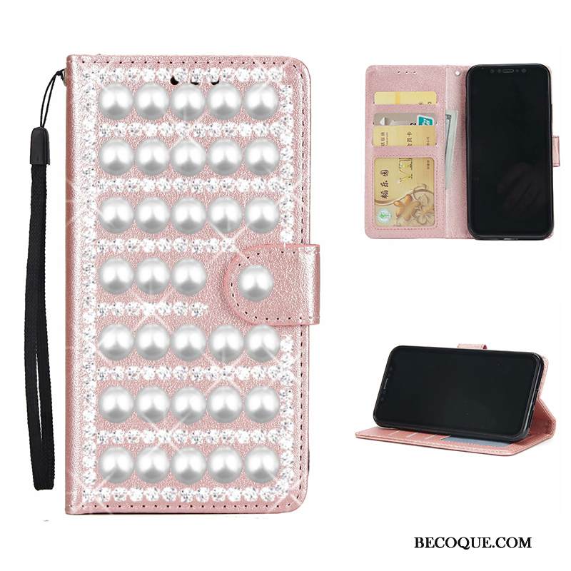 Kuori Huawei Y5 2019 Nahka Punainen Puhelimen Kuoret, Kotelo Huawei Y5 2019 Rhinestone Inlay Kortti